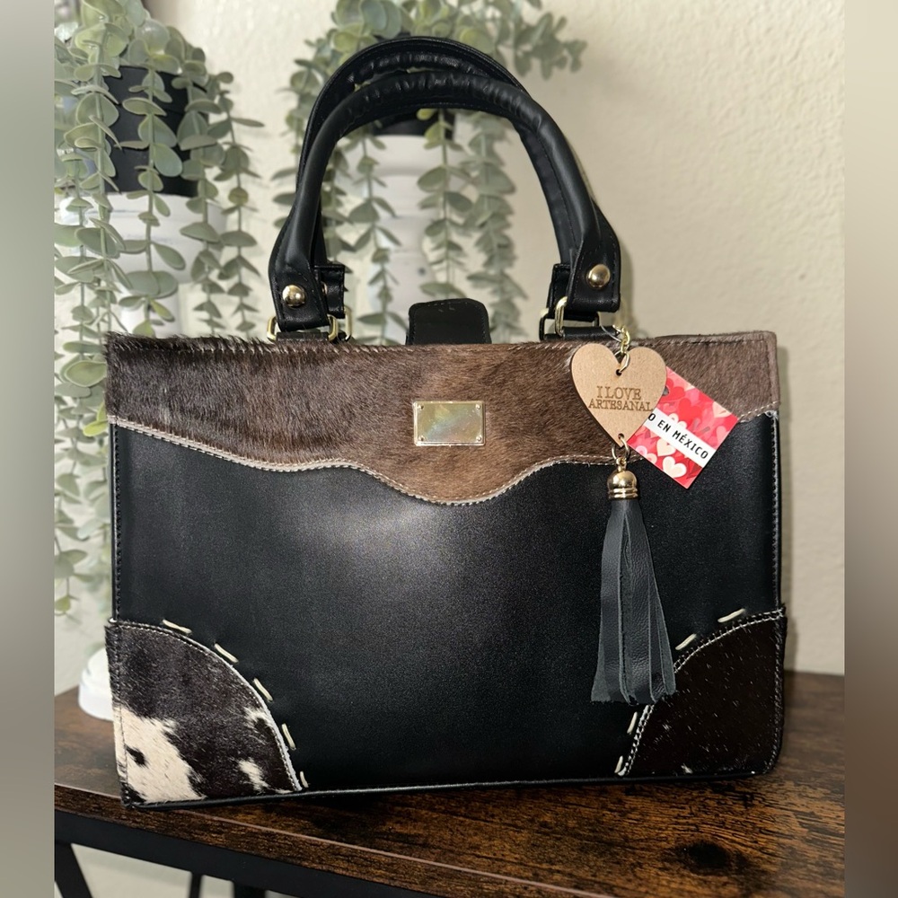 Black and Brown Cowhide Accent Leather Tote - Handmade
